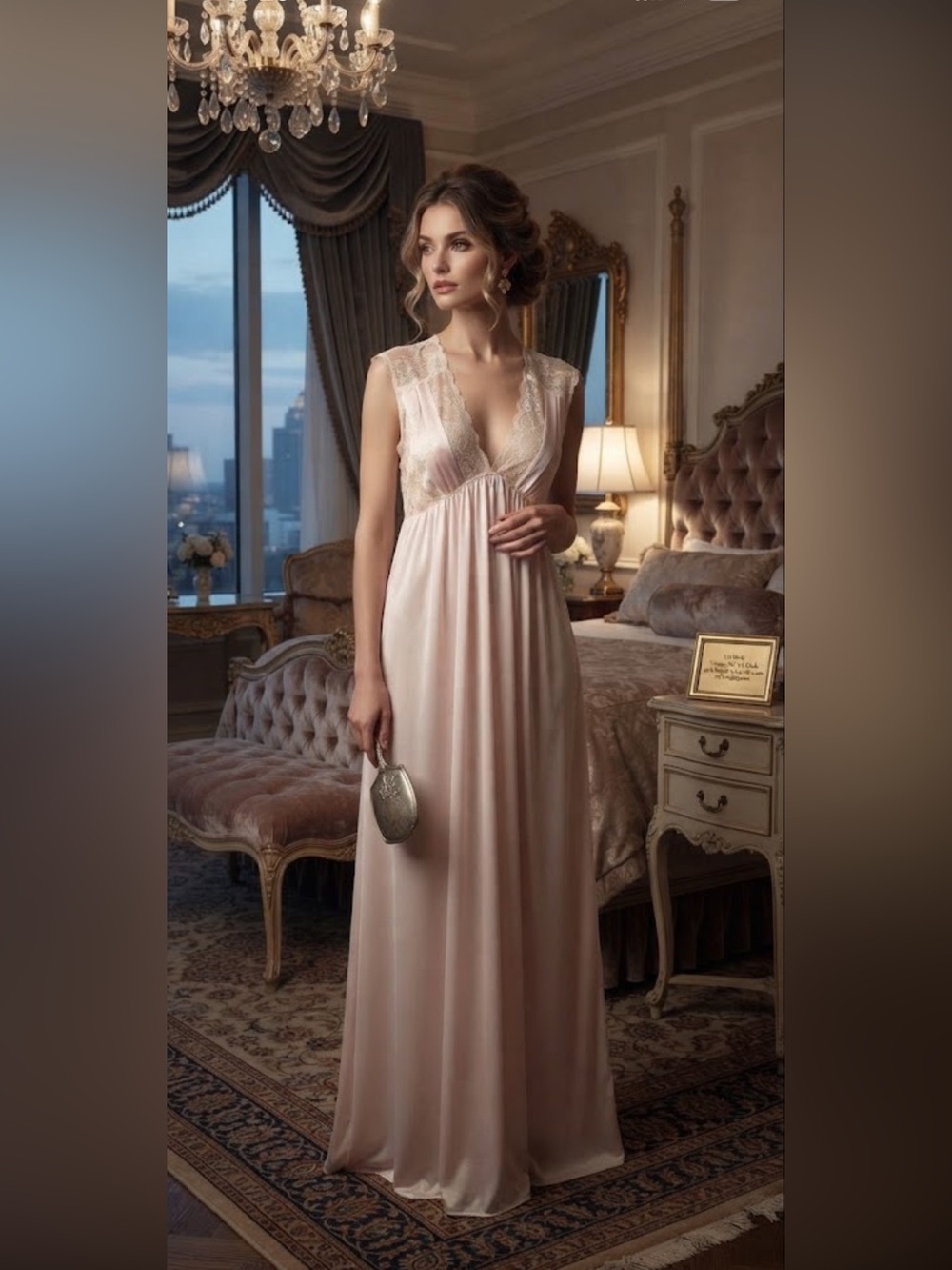 Vintage 90’s Val Mode pink full length w lace Grecian style nightgown